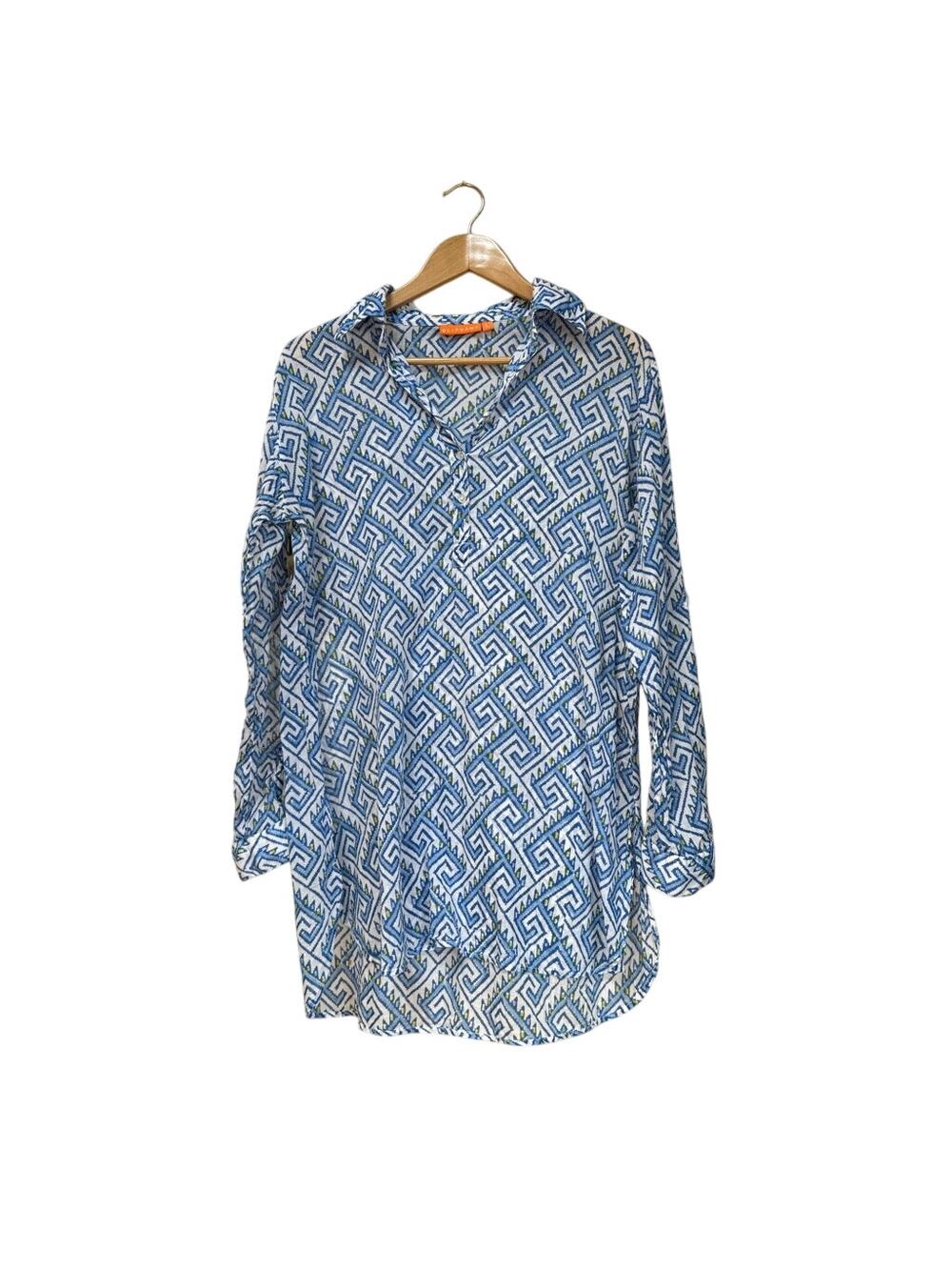 Oliphant Cotton Geometric Long Sleeve L Tunic Cover-up Shirt Coastal MSRP $198